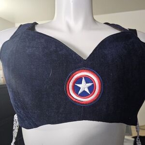 Damsel In This Dress Women's Navy Blue Top with Captain America Sheild.